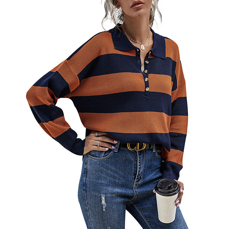 Halloween-Top mit Polokragen, Damen-Langarmpullover im europäischen und amerikanischen Stil mit Streifenmuster