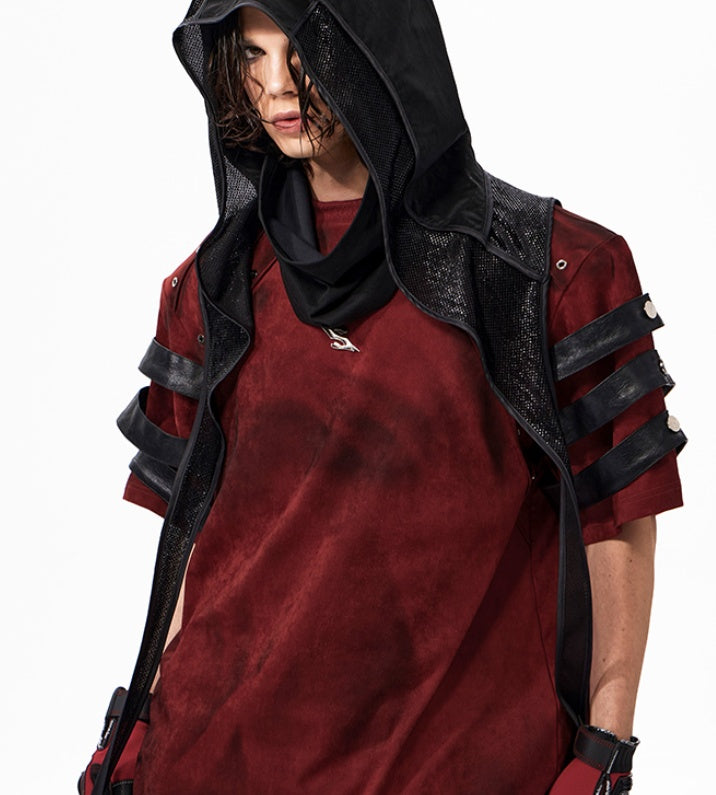 Dunkelrotes Patchwork-Shirt mit Lederdetails