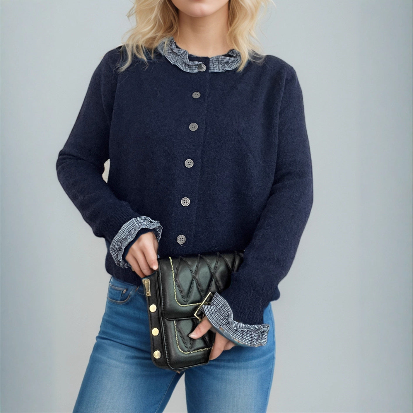 Klassische Damen-Cardigan aus Polyester – Grau & Dunkelblau, S–L