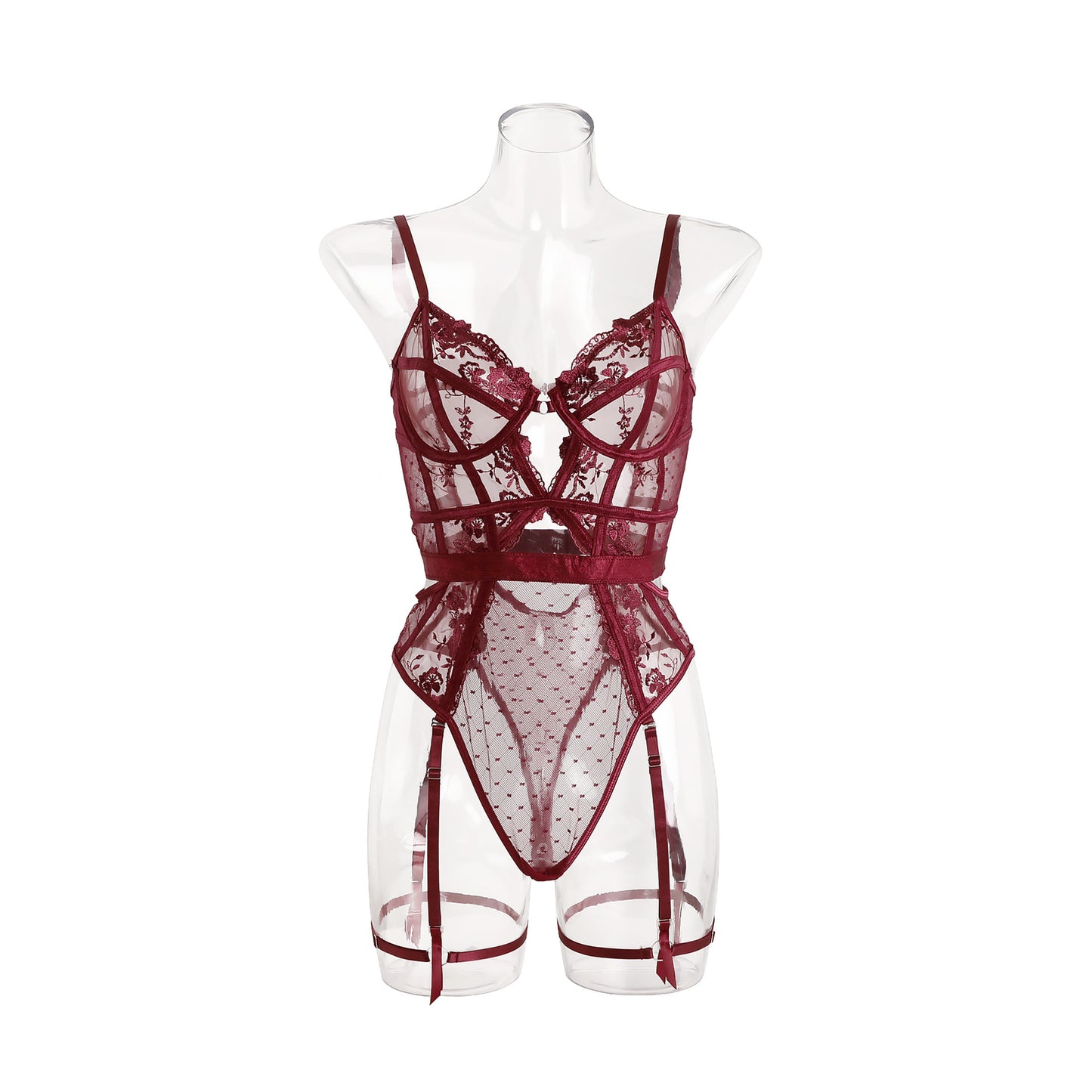 V-förmiger, durchsichtiger Rosen-Jumpsuit mit Strumpfband-Unterwäsche-Anzug