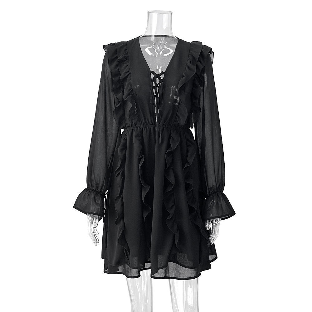 Basic Chiffonkleid mit elastischer Taille und langen Ärmeln, S–L