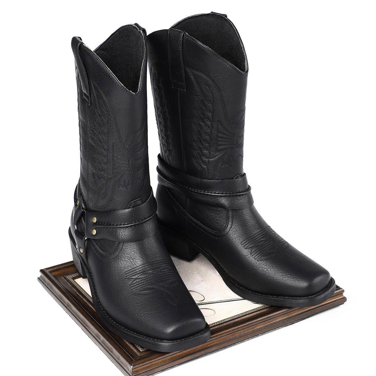 Herren Retro-Lederstiefel mit hohem Absatz (6–8 cm) und Square Toe, Schwarz/Braun, Größe 39–48