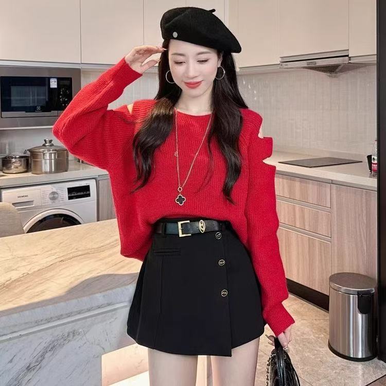 Schulterfreier Strickpullover im Socialite-Stil – Einheitsgröße