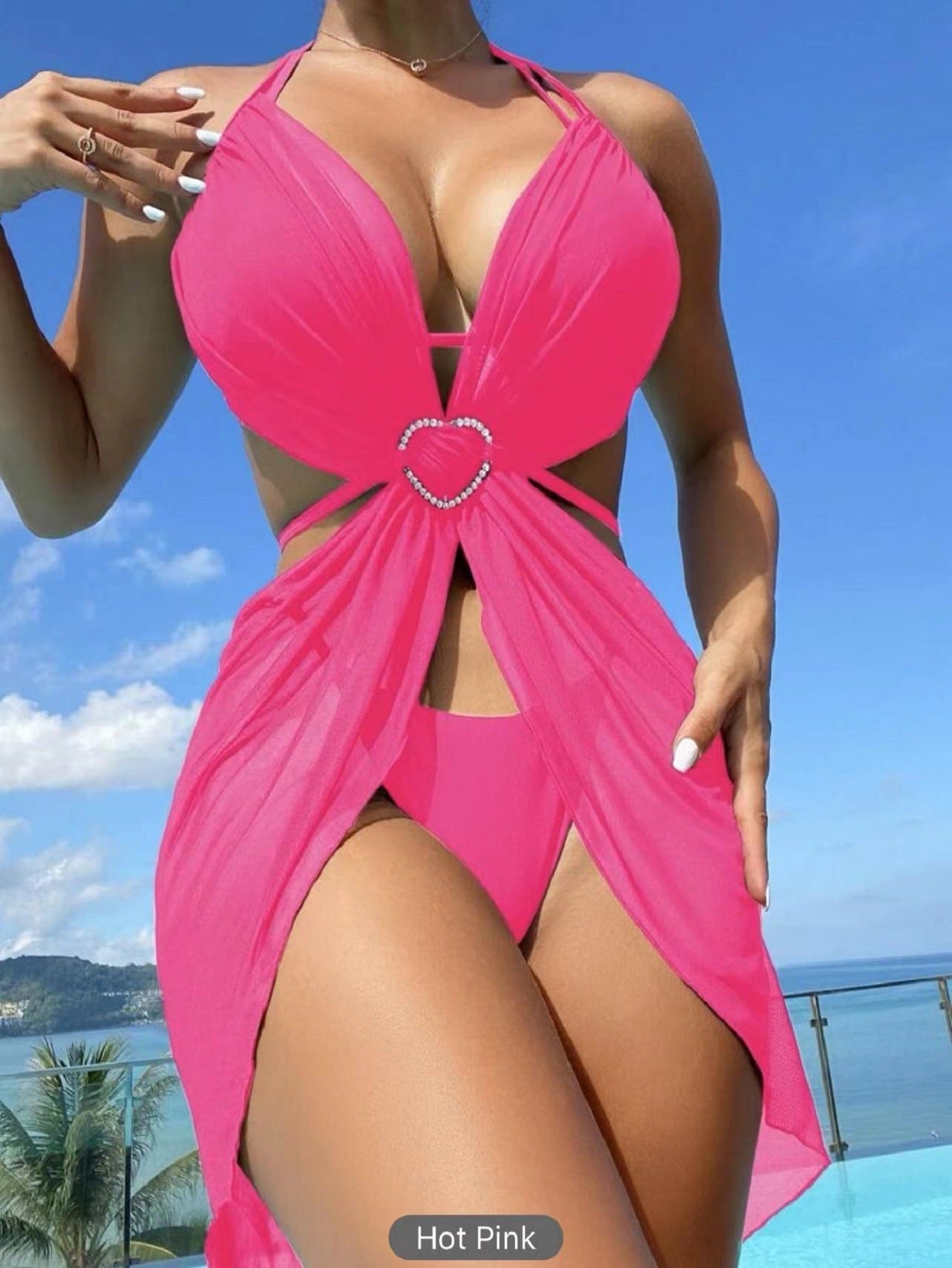 3-teiliger Neckholder-Bikini, Strand-Sommer-Badeanzug in Unifarben, Damenbekleidung