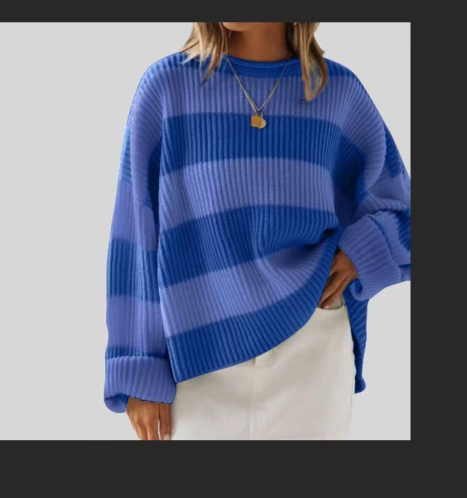 Damenpullover mit Streifen und gehäkelten Blumen – Lockere Passform, S–XL