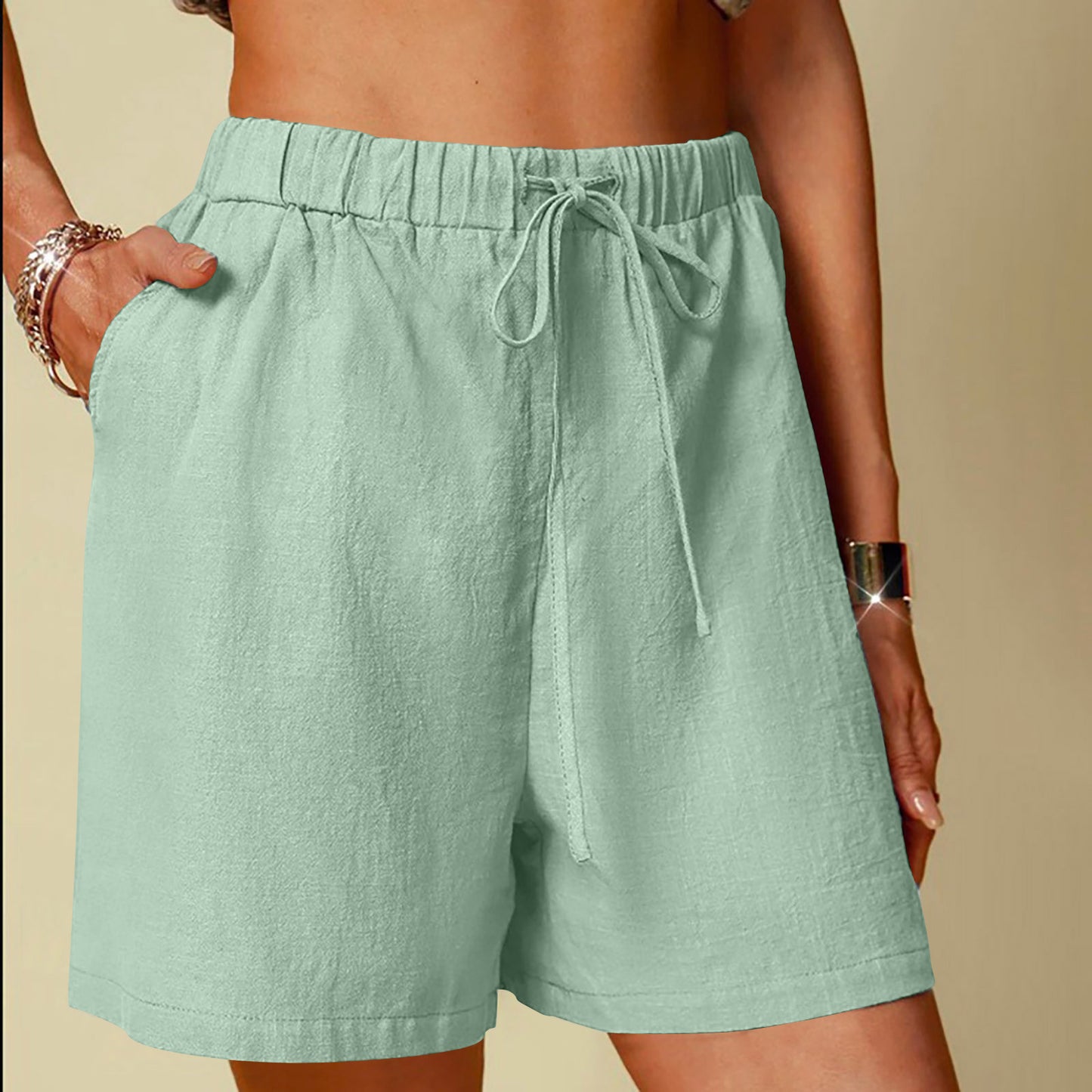 Damen-Shorts aus Baumwoll-Leinen-Mischgewebe, einfarbig, bequem, weites Bein