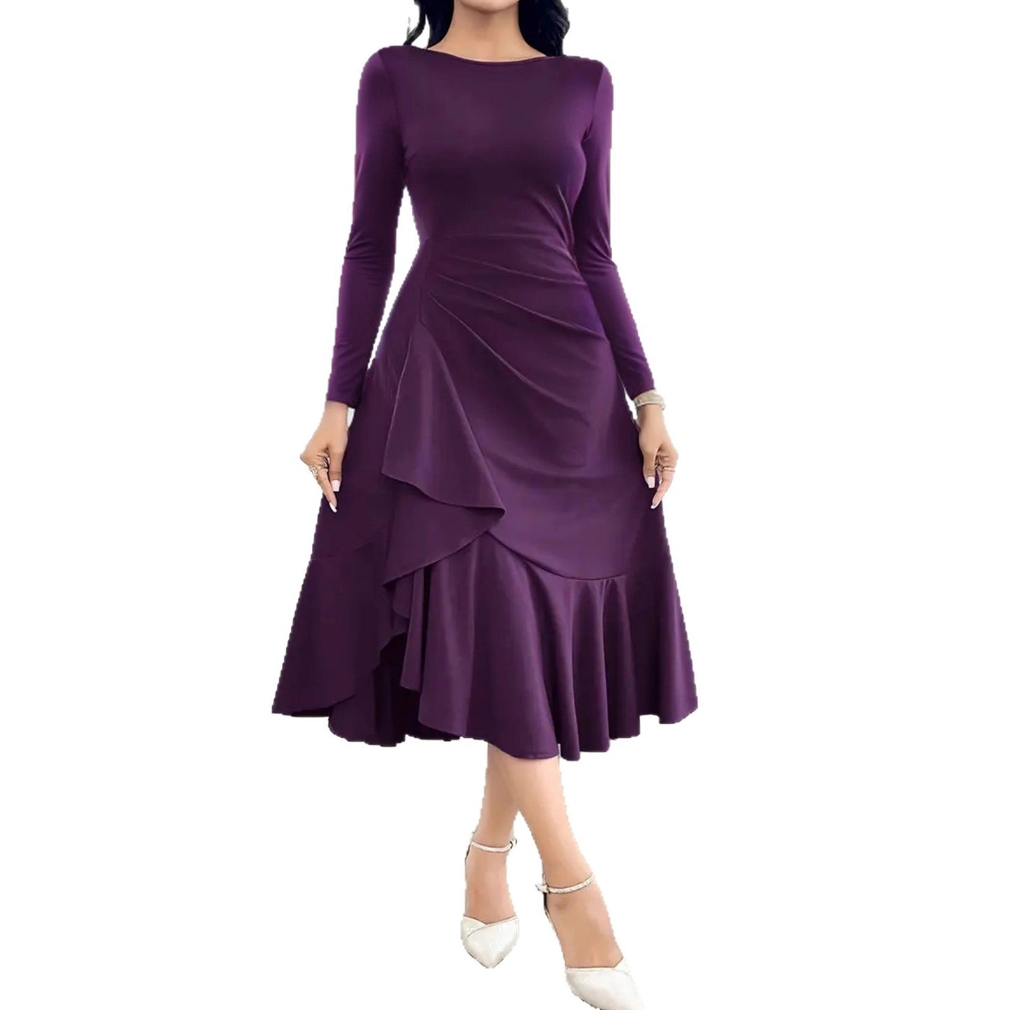 Lila Rüschenkleid mit langen Ärmeln, S–XXL