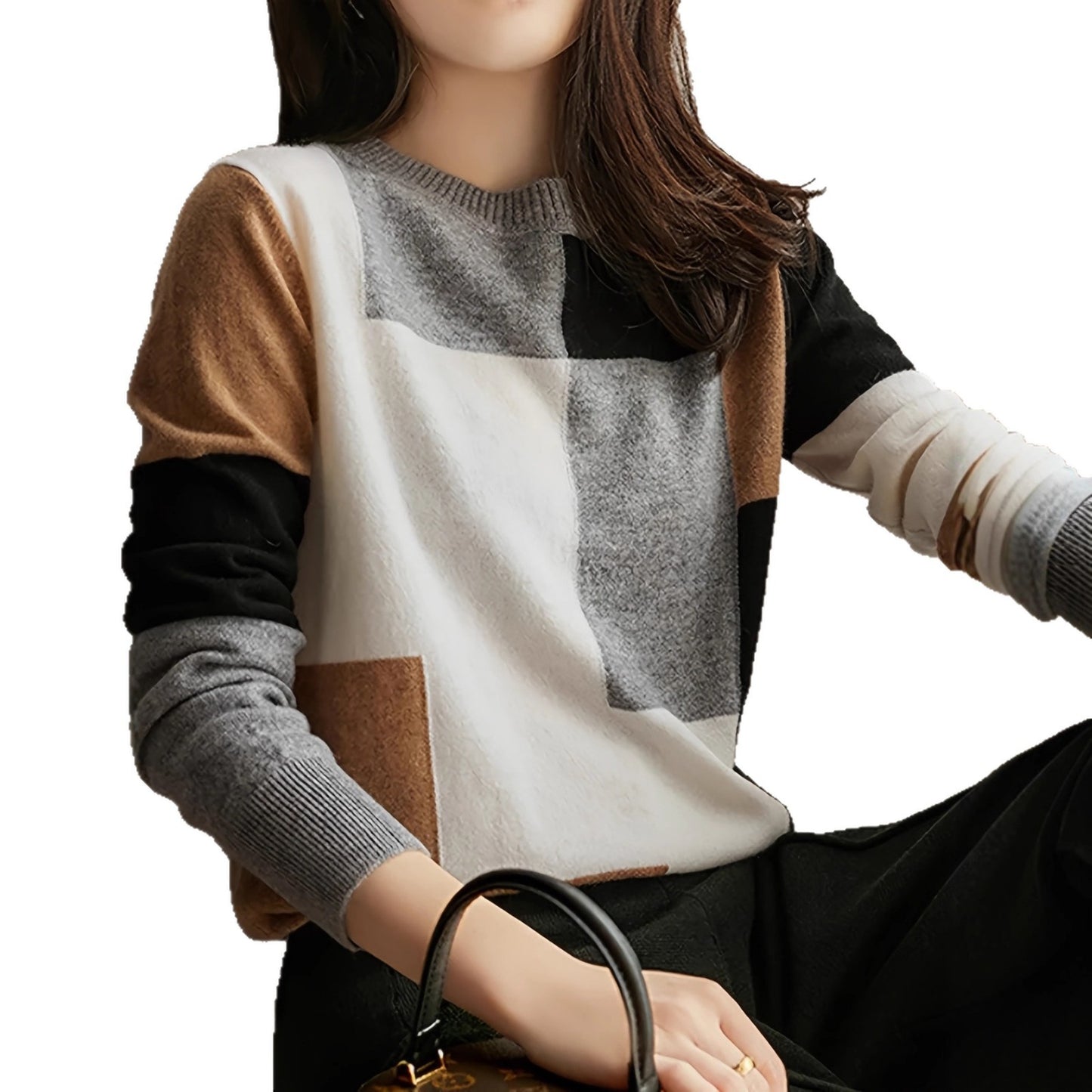 Farbkontrastierter, weicher, anschmiegsamer, langärmeliger, lockerer, figurformender Strickpullover für Damen