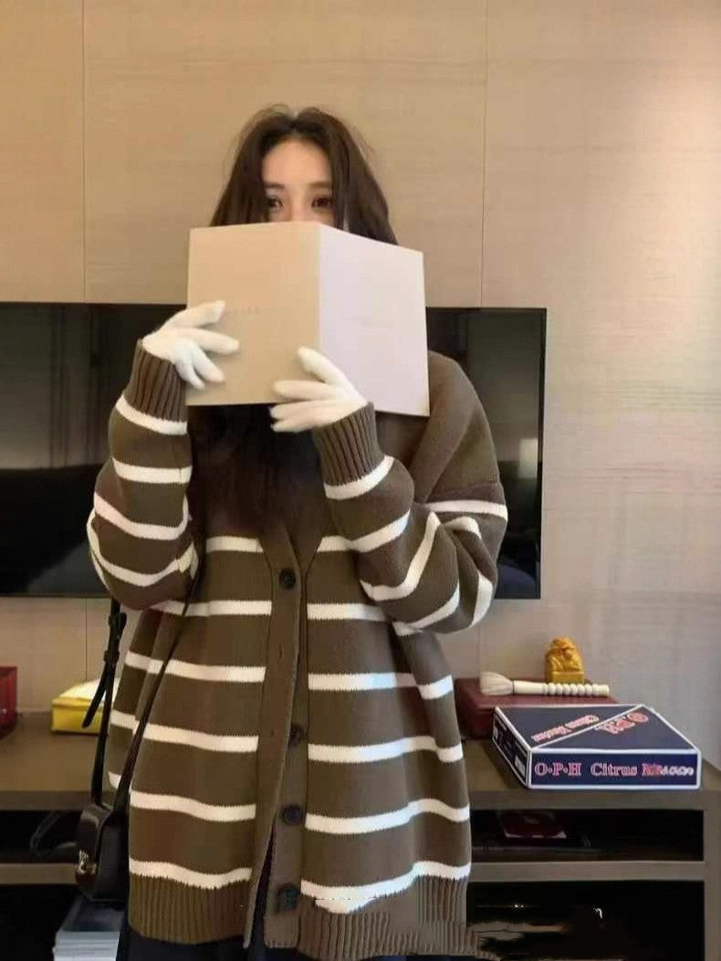 Gestreifter Strickcardigan für Damen, locker geschnitten