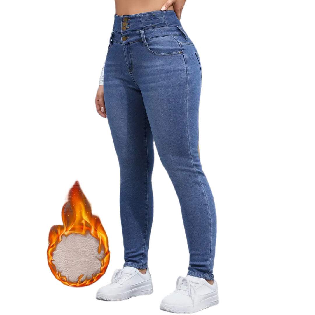 Damen-Jeans mit Fleece-Einsatz und mehreren Knöpfen