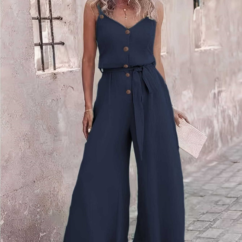 Ärmelloser Damen Jumpsuit mit weiter Hose & Bindegürtel, S–2XL