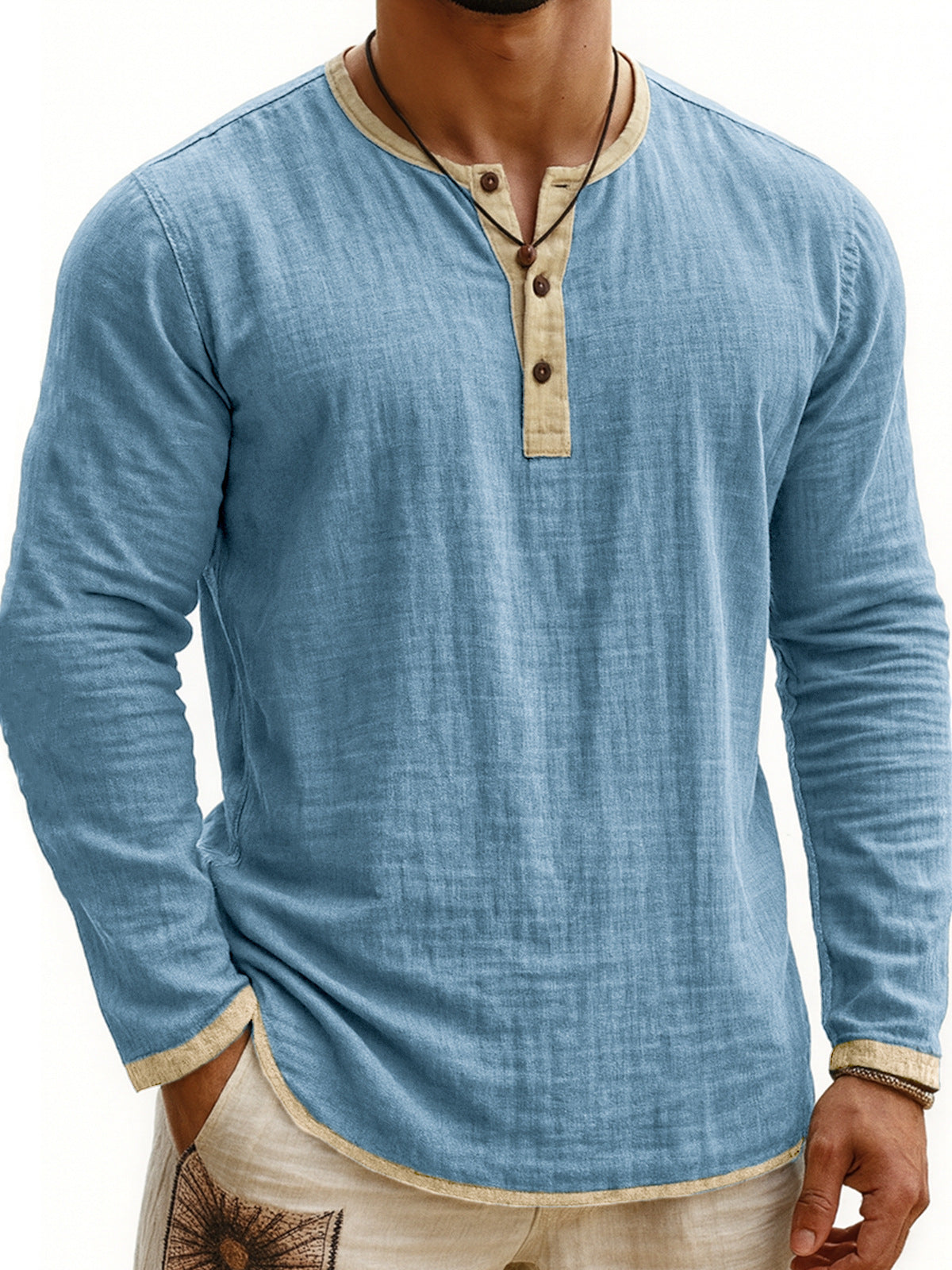 Zweifarbiges Henley-Shirt mit Digitaldruck, 3 Knöpfe, Herren, Freizeit, Langarm
