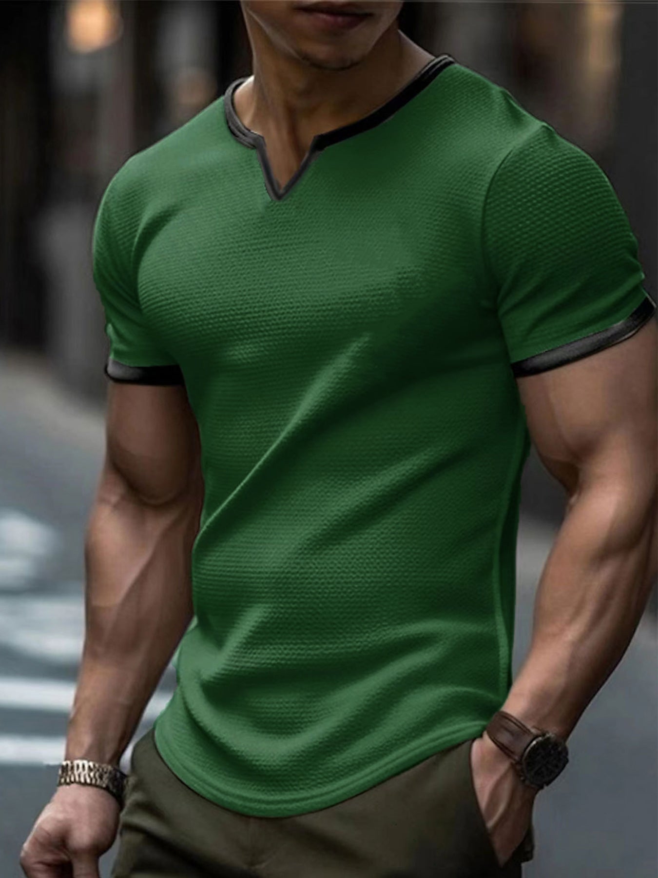 Farbblock-T-Shirt mit V-Ausschnitt für Outdoor-Sportarten und Waffelstruktur