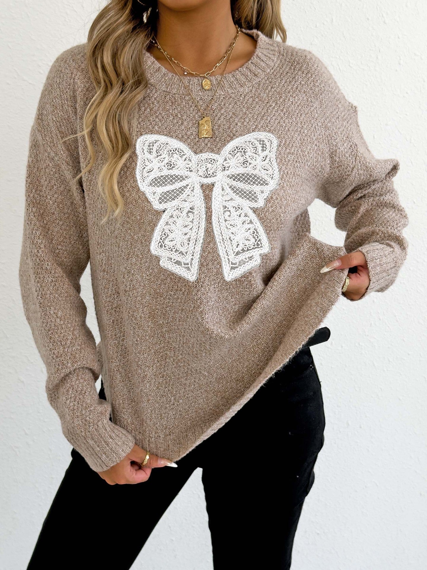 Women's Round Neck Embroidered Lace Butterfly Stitching Woven Sweater