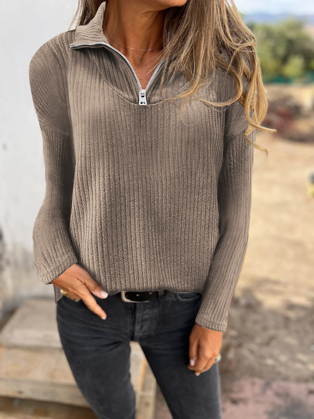 Pullover mit Reißverschluss, langärmeliger Strickpullover, Freizeitmantel