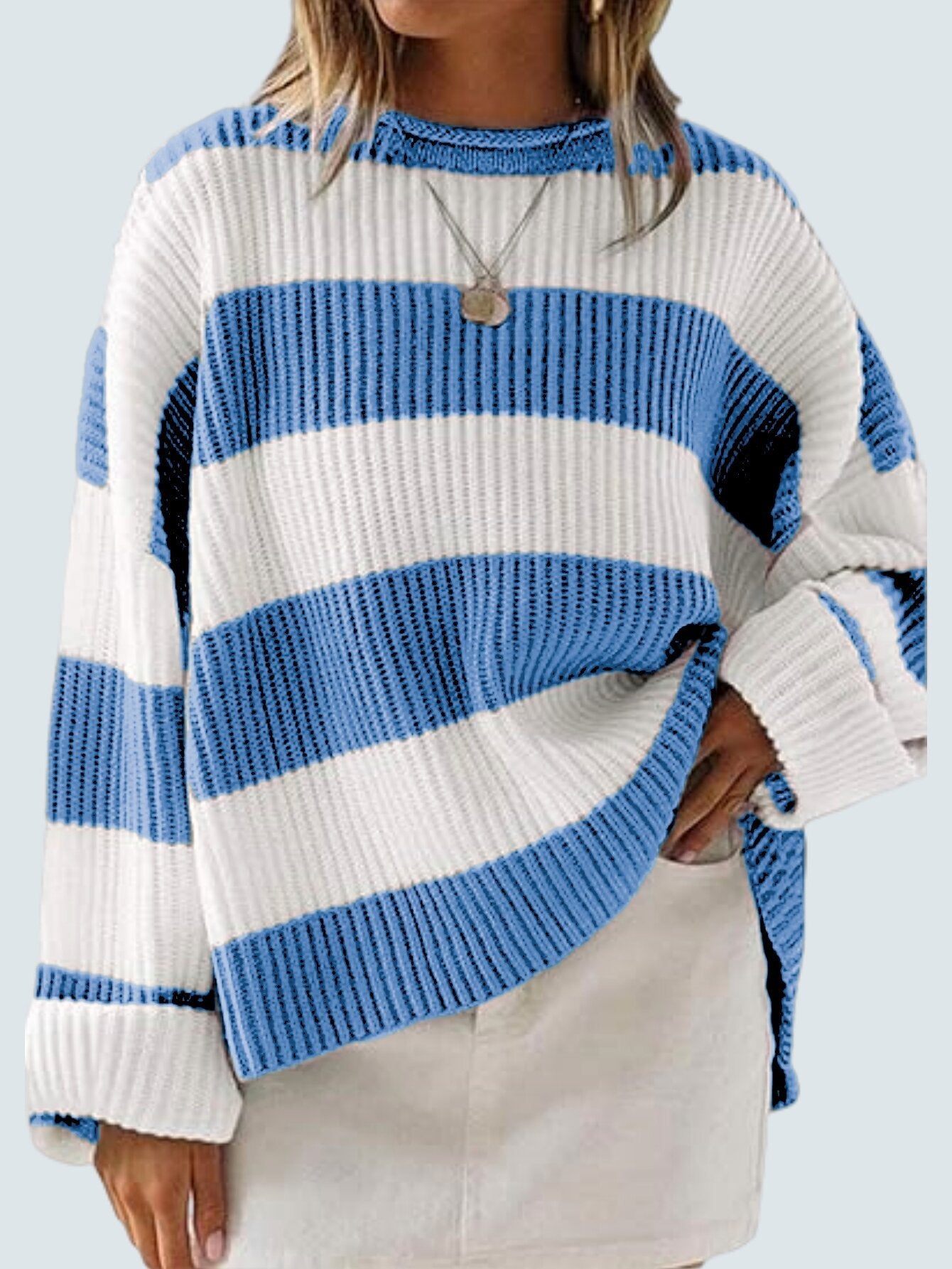 Damenpullover mit Streifen und gehäkelten Blumen – Lockere Passform, S–XL