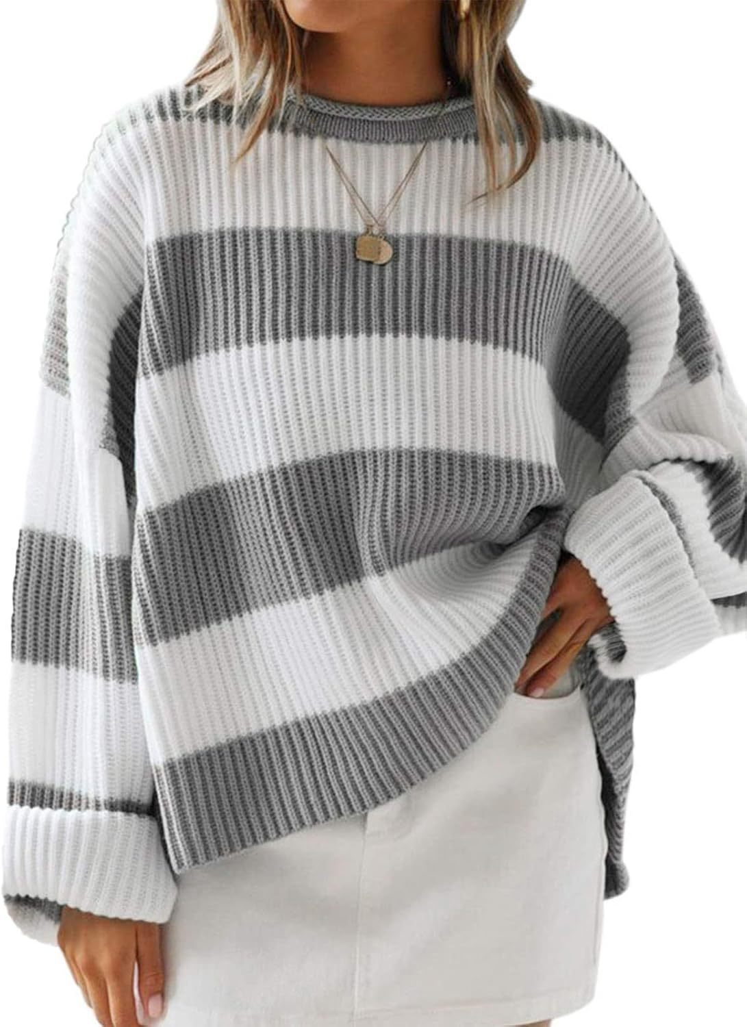 Damenpullover mit Streifen und gehäkelten Blumen – Lockere Passform, S–XL