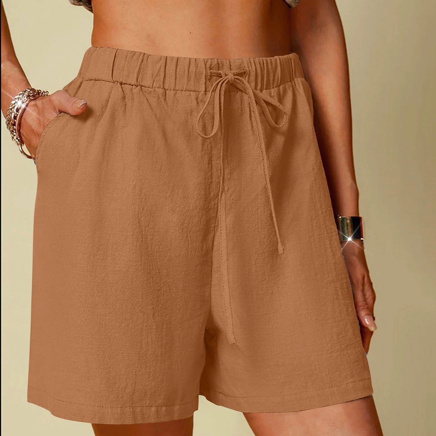 Damen-Shorts aus Baumwoll-Leinen-Mischgewebe, einfarbig, bequem, weites Bein