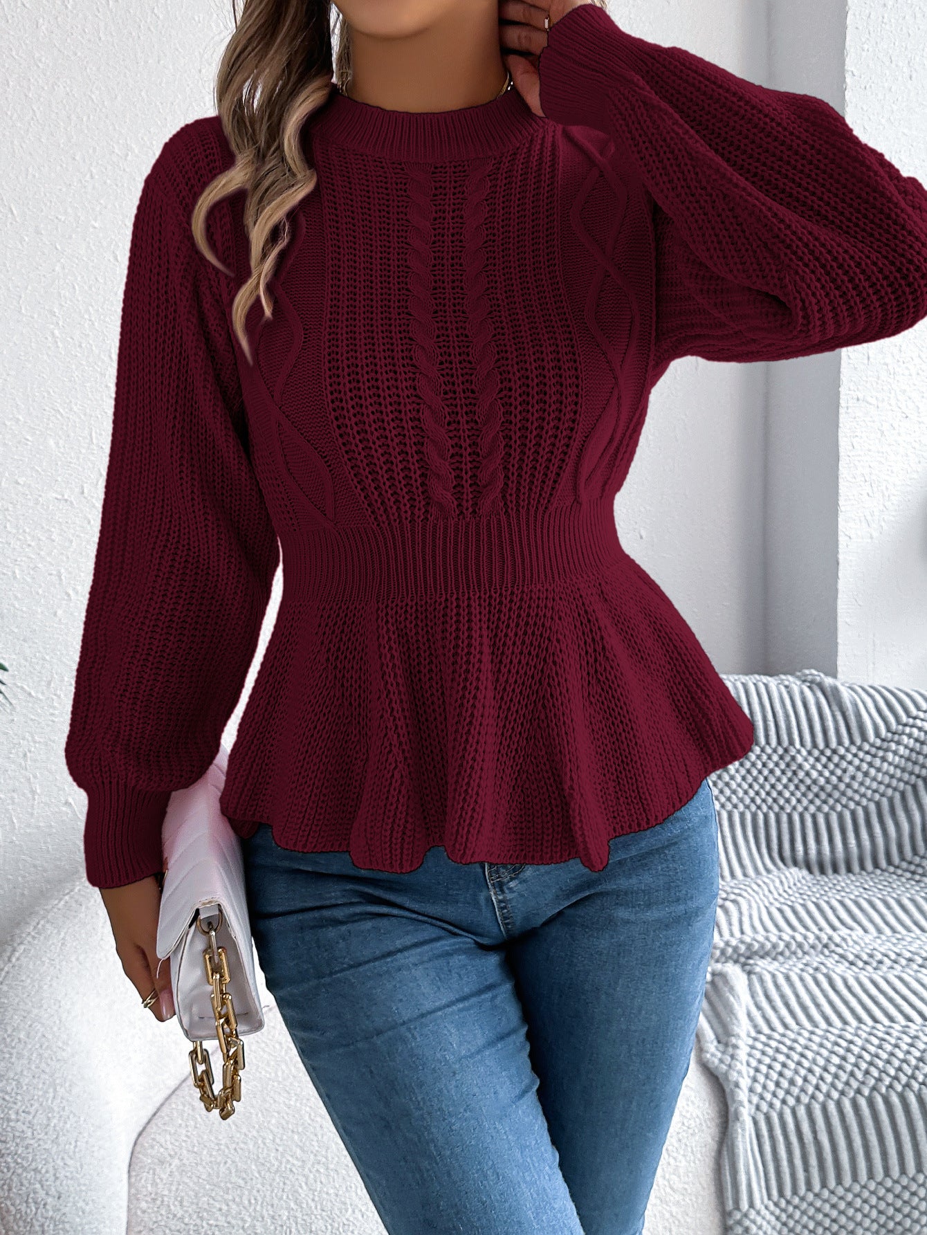 Twist Waist Trimming Ruffles Long Sleeve Pullover