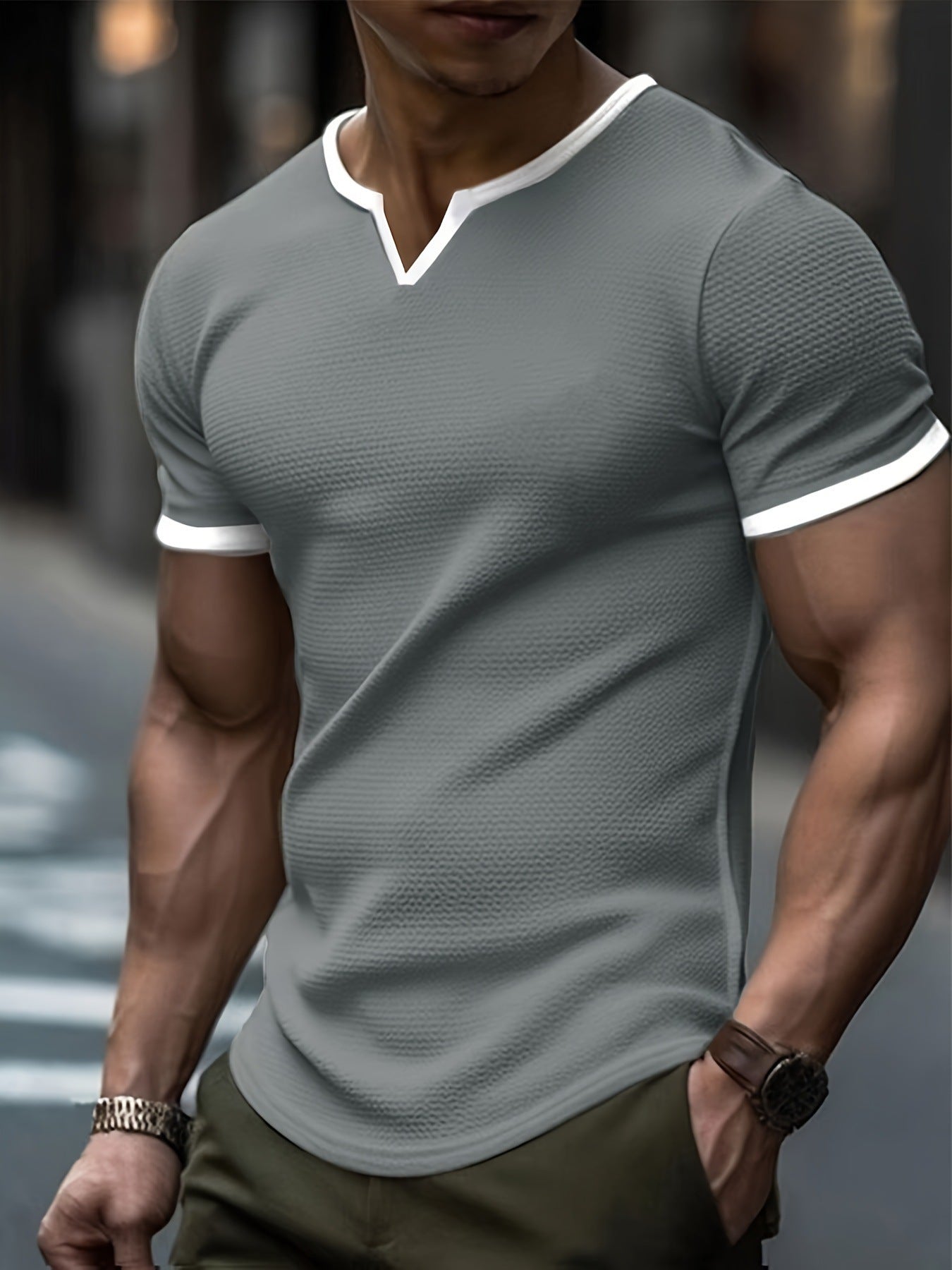 Farbblock-T-Shirt mit V-Ausschnitt für Outdoor-Sportarten und Waffelstruktur