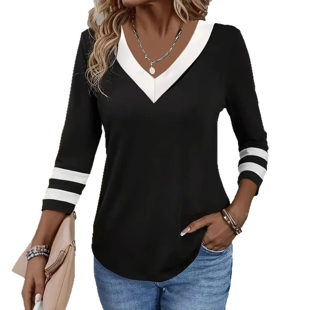 Women's Color Matching Long-sleeved V-neck T-shirt