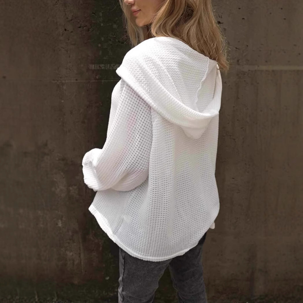 Kapuzenpullover mit Knöpfen, Kordelzug, V-Ausschnitt, lässigem, lockerem Schnitt und langen Ärmeln