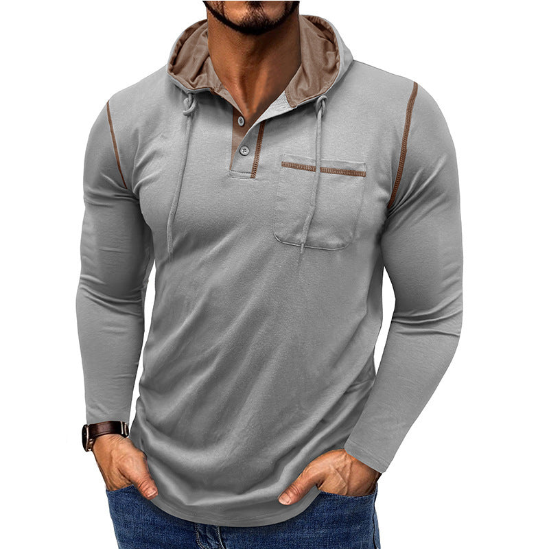 Herren Langarm-T-Shirt mit Kapuze, Henley-Shirt, Outdoor-Top