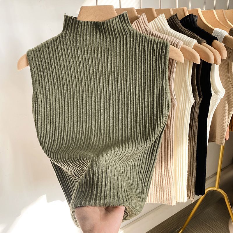 Korean-Style Basic-Strickweste für Damen – Halber Turtleneck