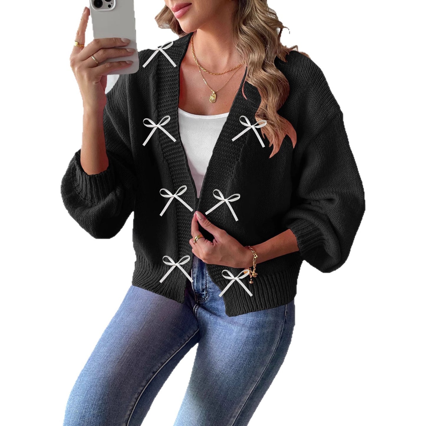 Women's Solid Color Ribbon Bowknot Stitching Sweater Cardigan