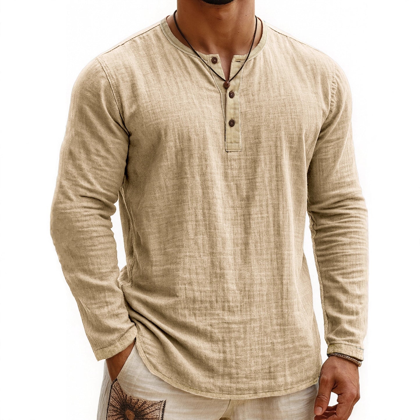 Zweifarbiges Henley-Shirt mit Digitaldruck, 3 Knöpfe, Herren, Freizeit, Langarm