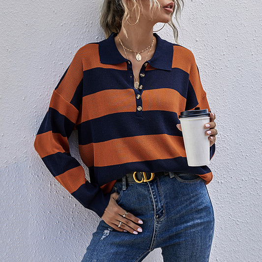 Halloween-Top mit Polokragen, Damen-Langarmpullover im europäischen und amerikanischen Stil mit Streifenmuster