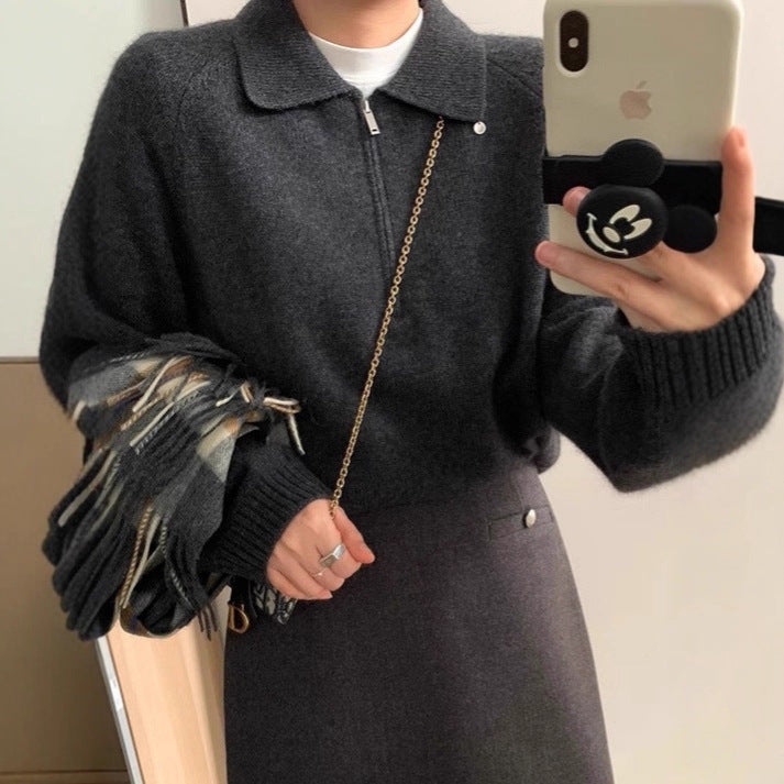 Damen-Pullover mit halbem Reißverschluss und Reverskragen, einfarbig, locker geschnitten