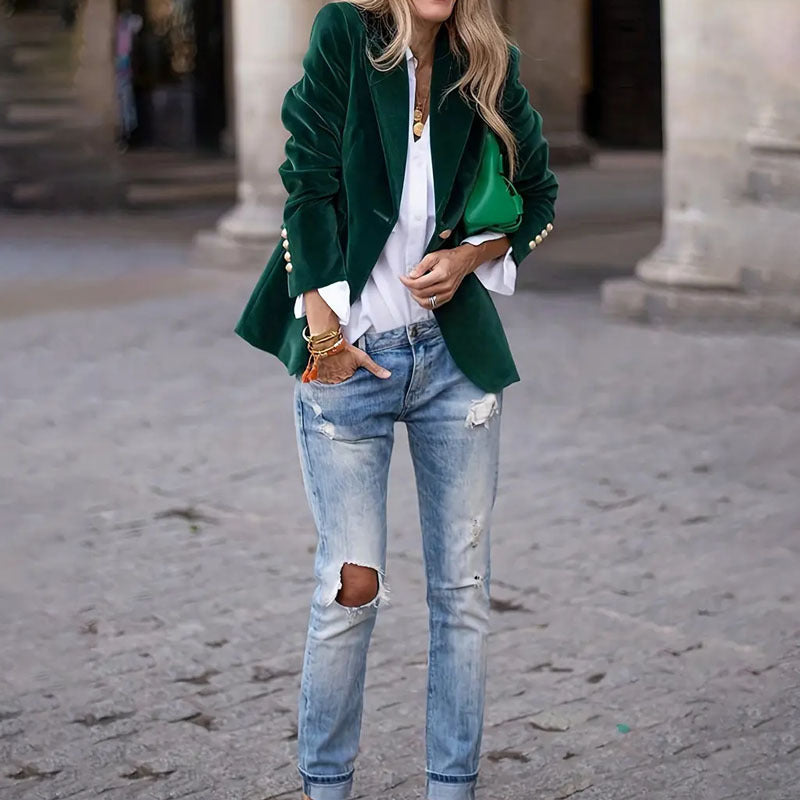 Freizeitanzug mit Samtrevers, Business-Mode, schmal geschnittenes, einreihiges Sakko, Oberbekleidung für Damen