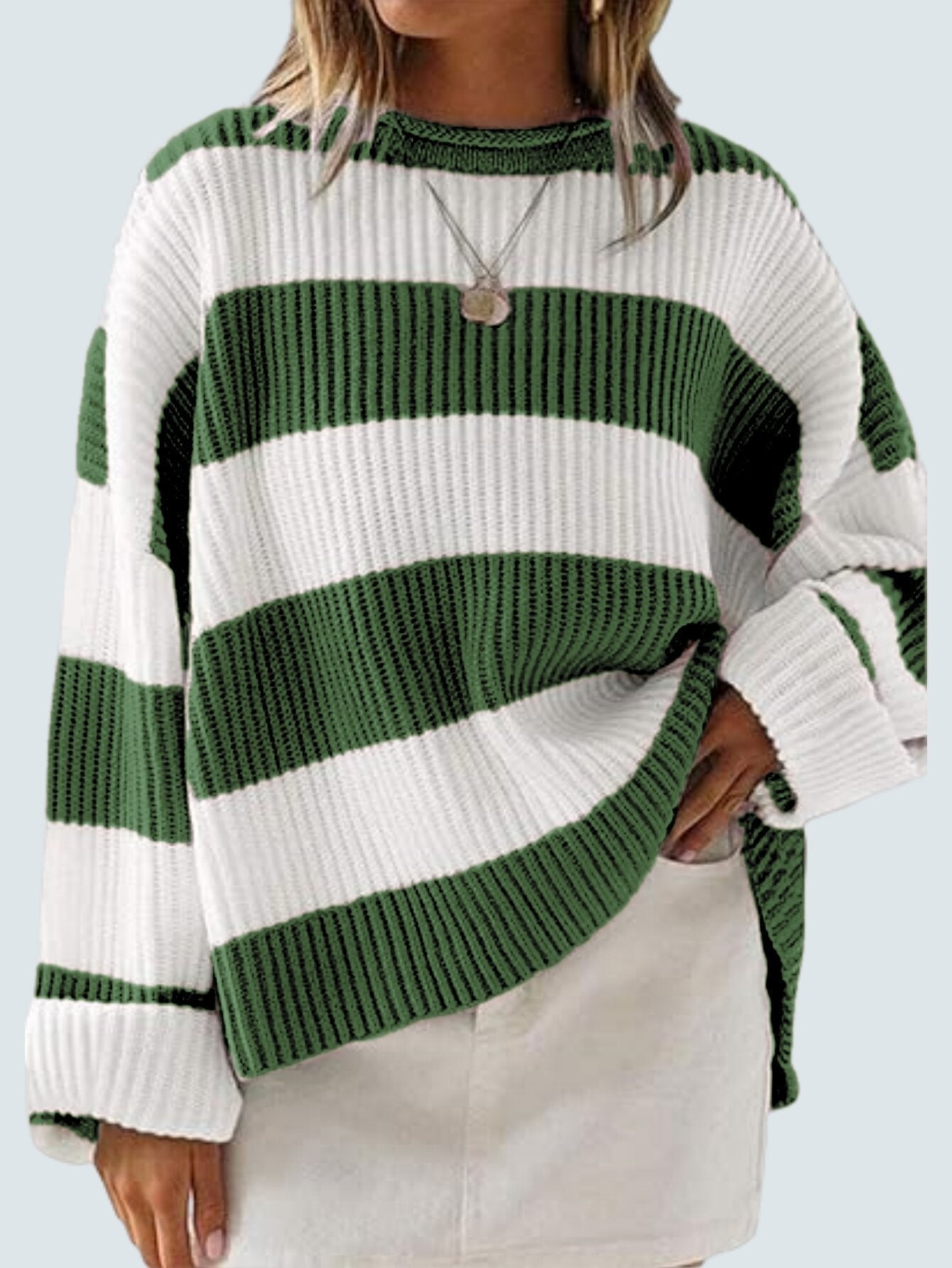 Damenpullover mit Streifen und gehäkelten Blumen – Lockere Passform, S–XL