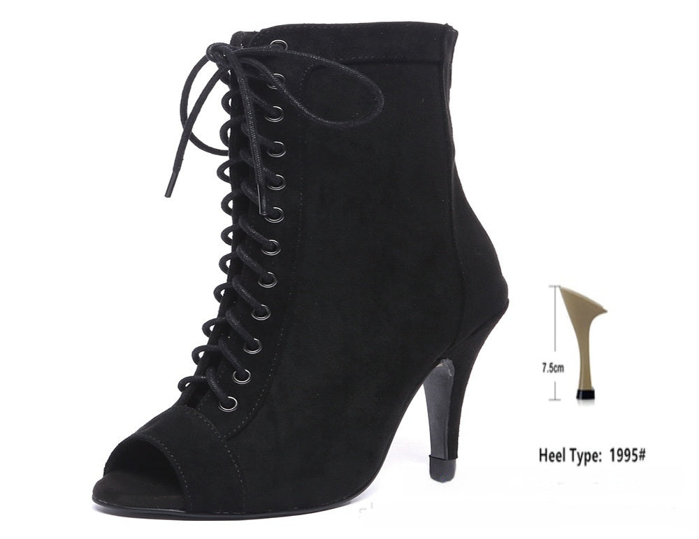 Schwarze Gaobang Peep-Toe-High-Heels aus Denim für Damen