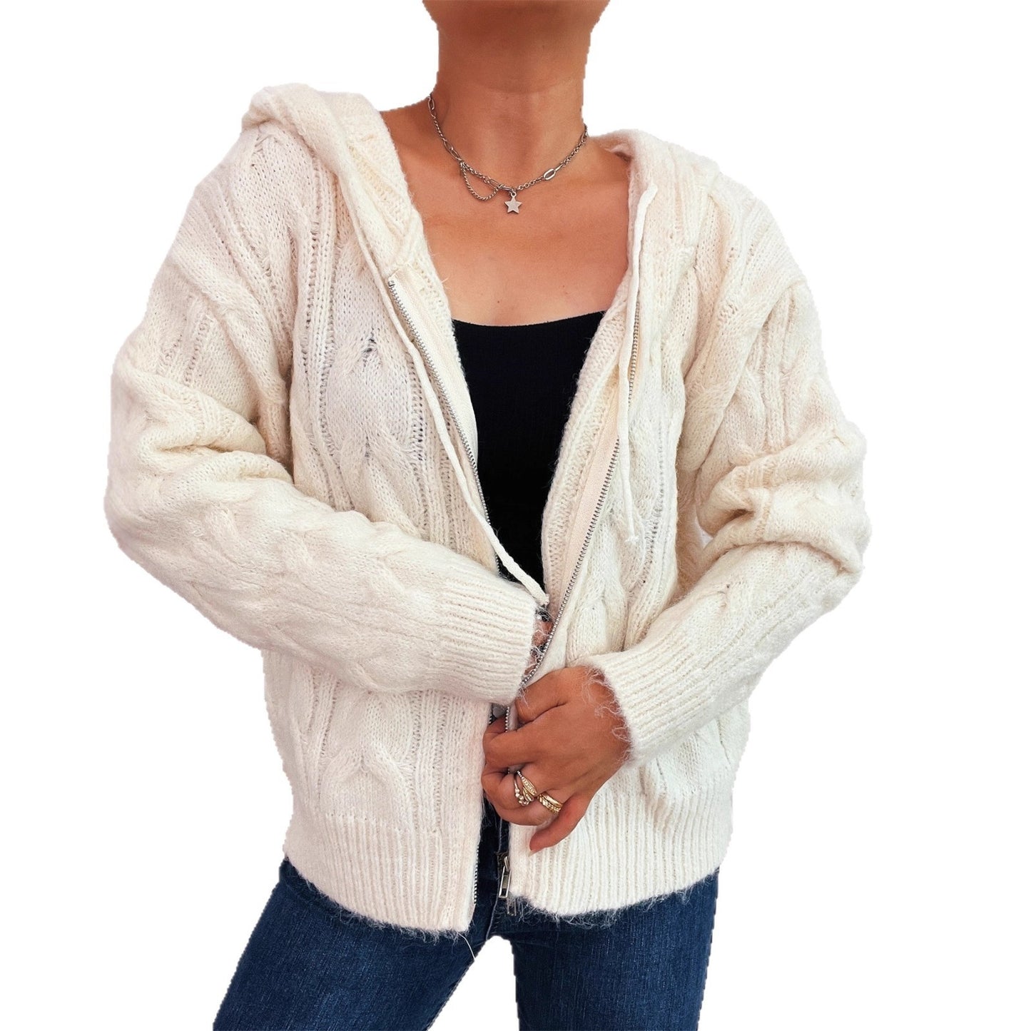 Retro-Strickmantel mit Kapuze, Schnürung und Reißverschluss