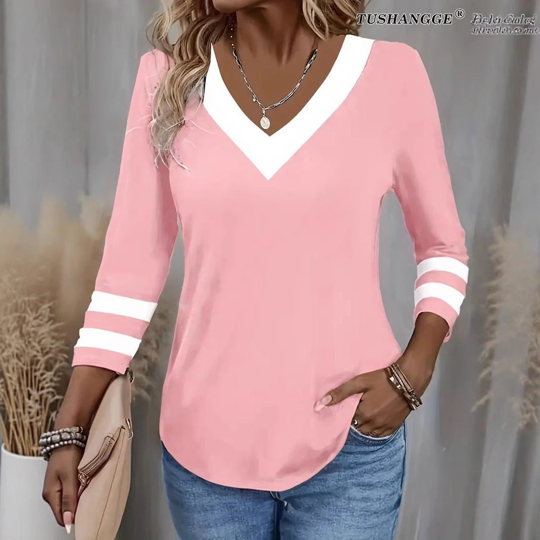 Women's Color Matching Long-sleeved V-neck T-shirt