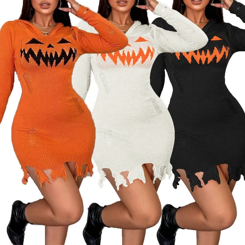Einfarbiges Damen Halloween Kleid – Kapuze & Eng anliegend