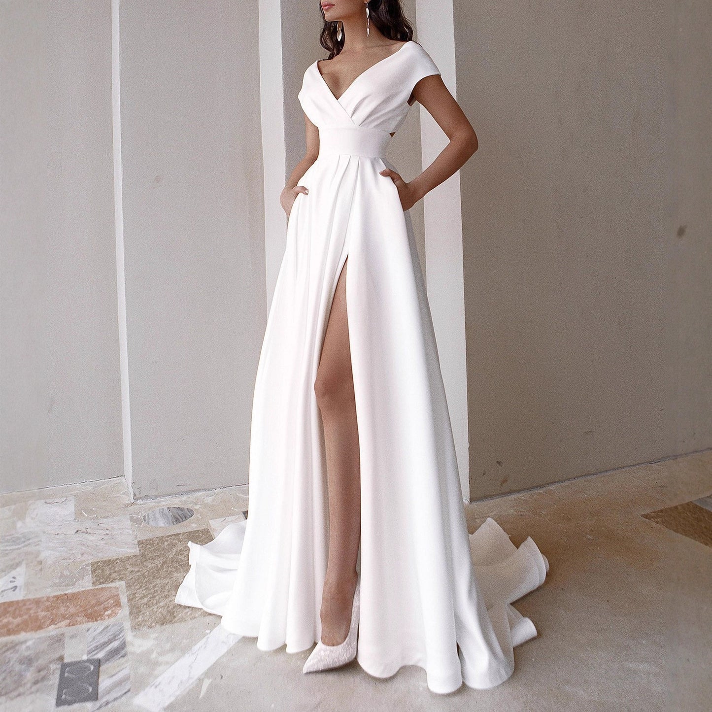 Ladies Mid Waist Solid Color Elegant Dress