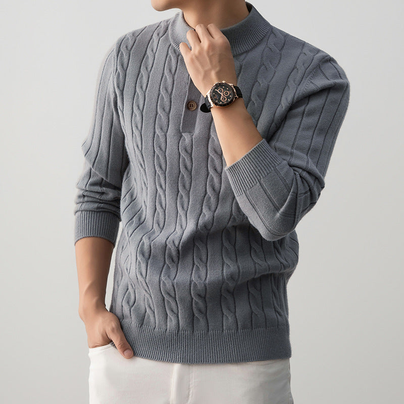 Halbhoher Henry-Kragen-Pullover mit Knopfleiste und gedrehtem Design, dicke Herrenstrickwaren
