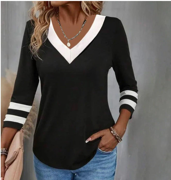 Women's Color Matching Long-sleeved V-neck T-shirt