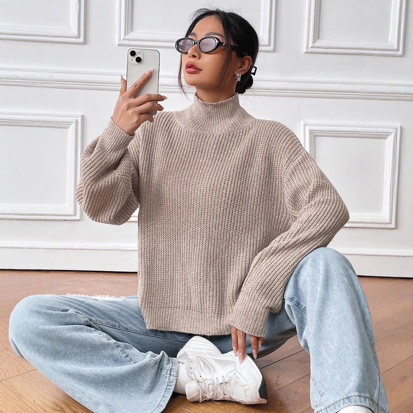 Aprikofarbener Street-Hipster-Pullover mit Kontrastdetails, S–XL