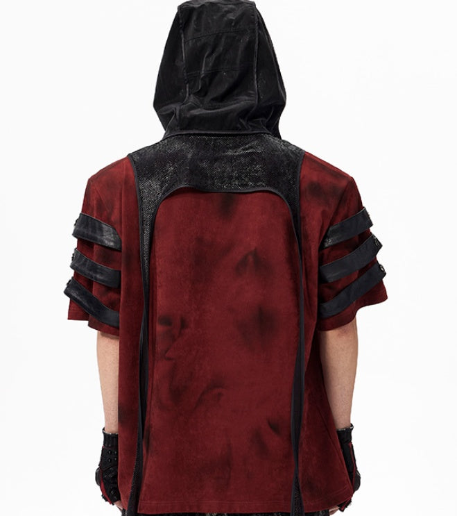 Dunkelrotes Patchwork-Shirt mit Lederdetails