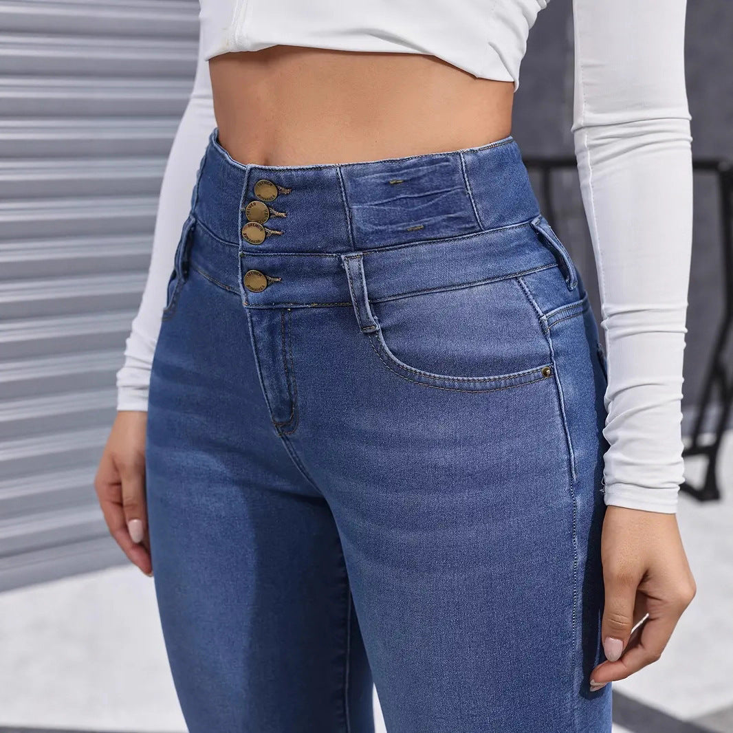 Damen-Jeans mit Fleece-Einsatz und mehreren Knöpfen