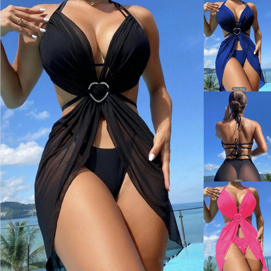 3-teiliger Neckholder-Bikini, Strand-Sommer-Badeanzug in Unifarben, Damenbekleidung