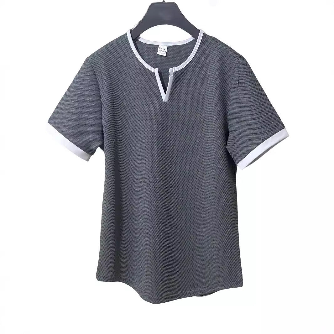 Farbblock-T-Shirt mit V-Ausschnitt für Outdoor-Sportarten und Waffelstruktur