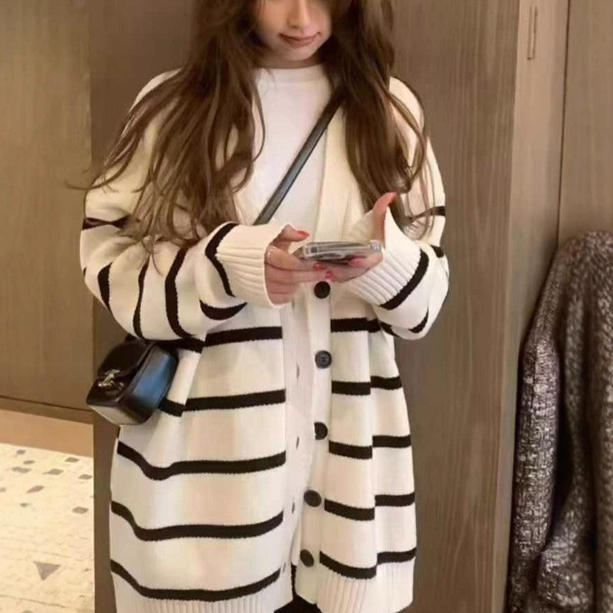 Gestreifter Strickcardigan für Damen, locker geschnitten