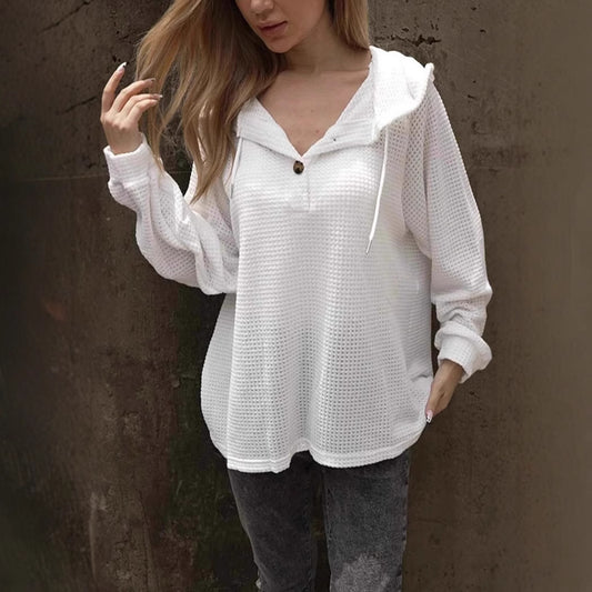 Kapuzenpullover mit Knöpfen, Kordelzug, V-Ausschnitt, lässigem, lockerem Schnitt und langen Ärmeln