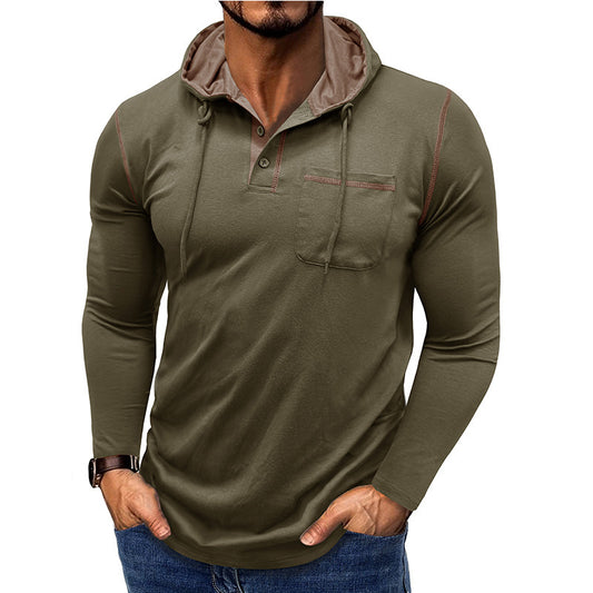 Herren Langarm-T-Shirt mit Kapuze, Henley-Shirt, Outdoor-Top