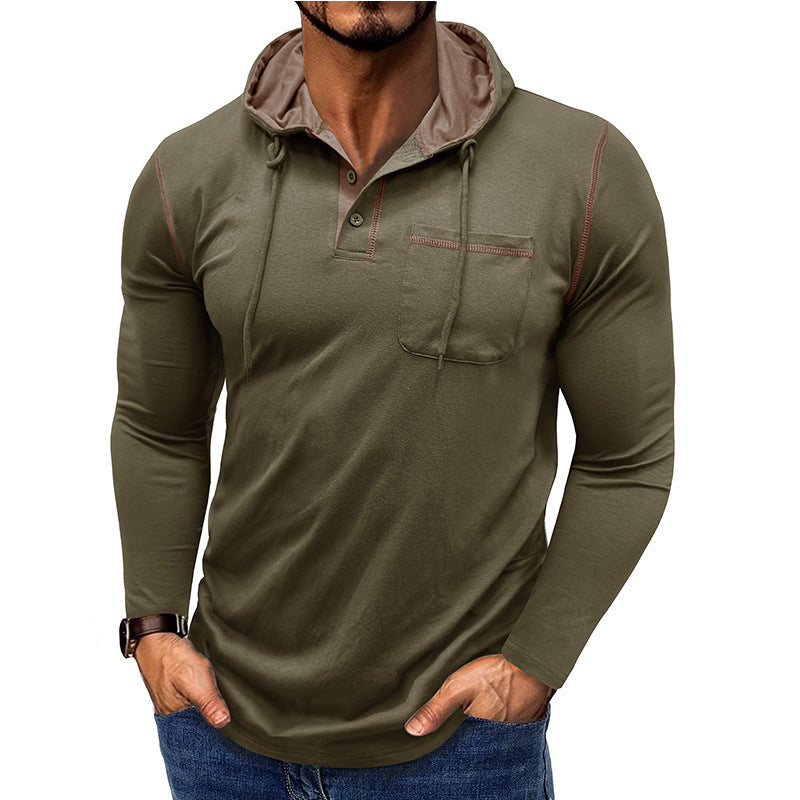 Herren Langarm-T-Shirt mit Kapuze, Henley-Shirt, Outdoor-Top